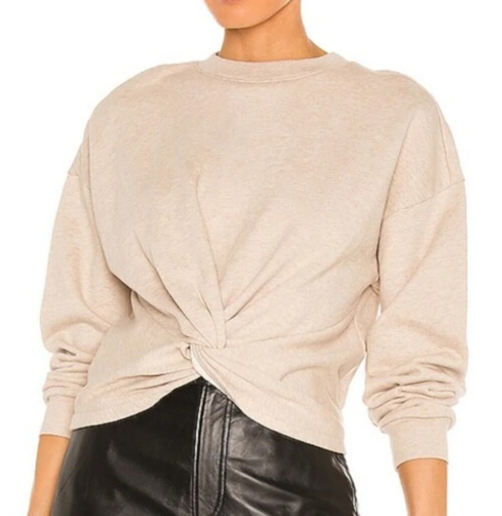 Frame Denim Twisted Front Crewneck Pullover Top in Oatmeal Heather Size Large